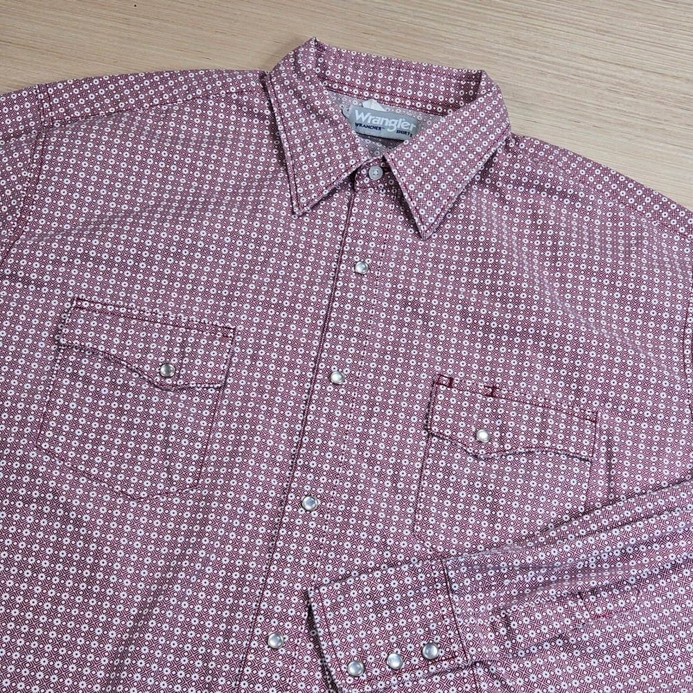Wrangler Wrancher Geometric Pearl Snap Shirt Men XL Maroon Red Western MTW1436
